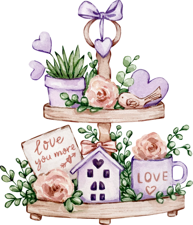 Watercolor Tiered Tray with Flowers and Hearts Illustration