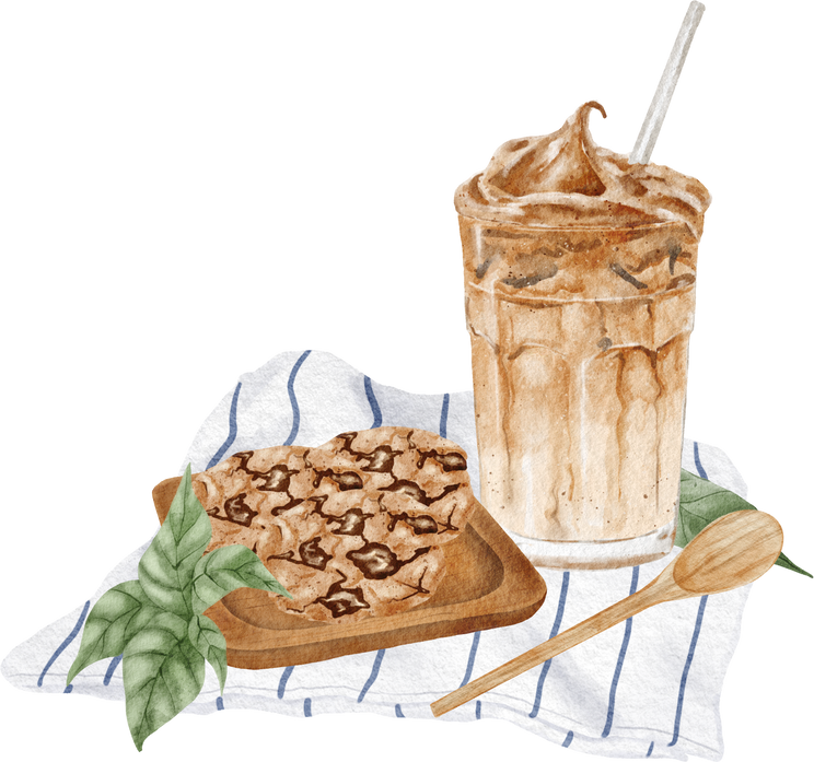 Ice Dalgona coffee and cookie watercolor illustration