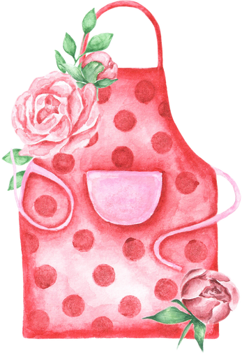 Red apron watercolor illustration. Bakery, confectioner. Logo. Red apron with polka dots. Flowers